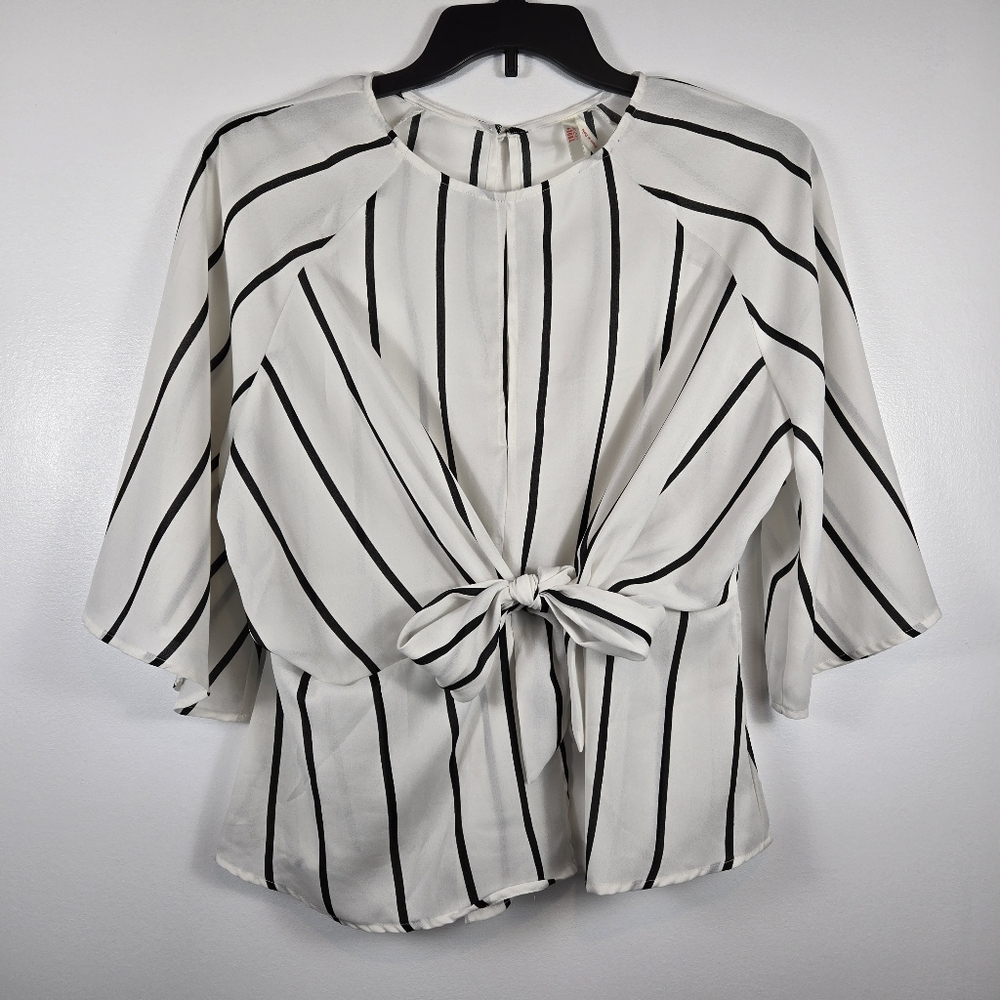 True Destiny Black White Stripe Tie Front Bell Sleeve Career Blouse Top Size XL